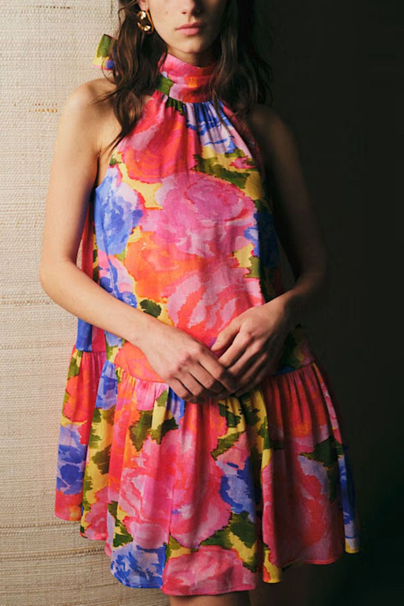 Floral Halter Mock Neck Mini Dress