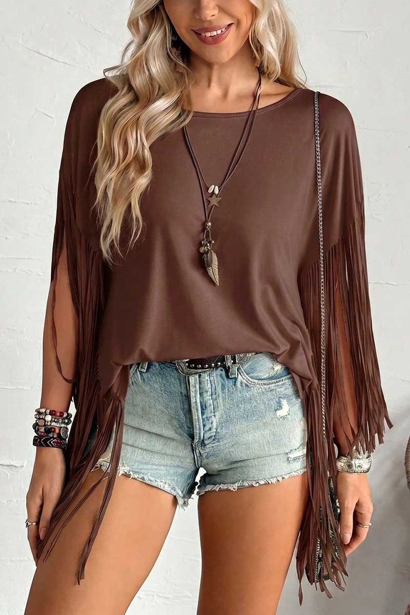 Fringe Sleeve Crew Neck T-Shirt