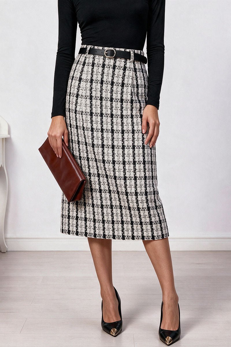 Plaid High-Waist Pencil Midi Skirt