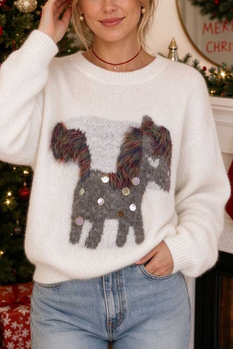 Sequin Horse Graphic Crew Neck Sweater