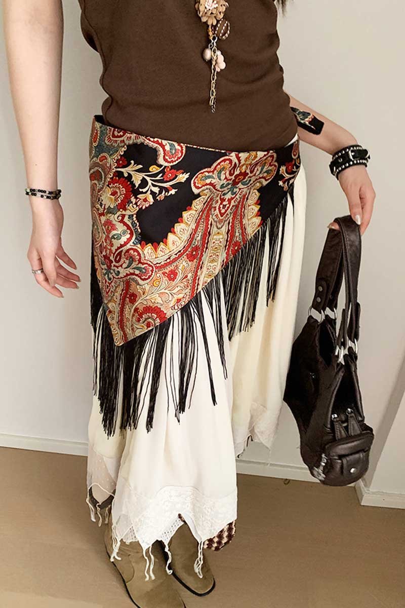 Paisley Print Fringe Wrap Skirt