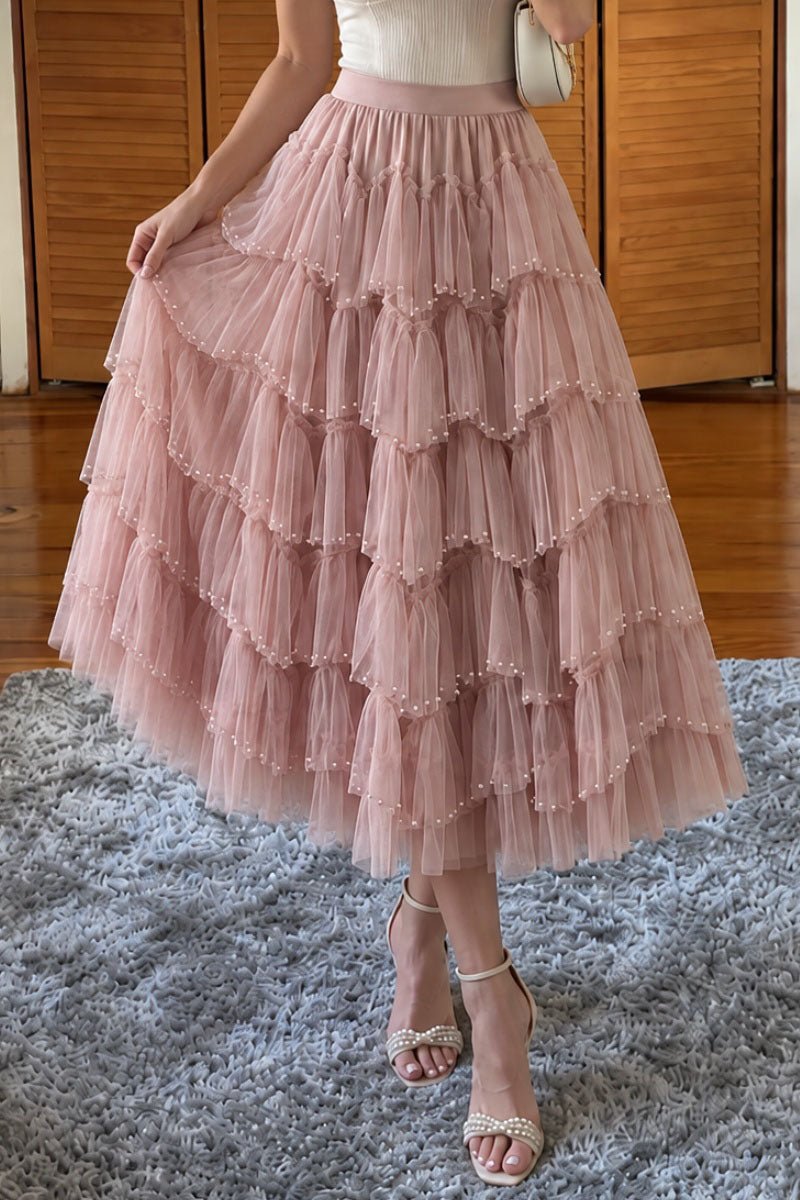 Tiered Tulle Beaded A-Line Midi Skirt