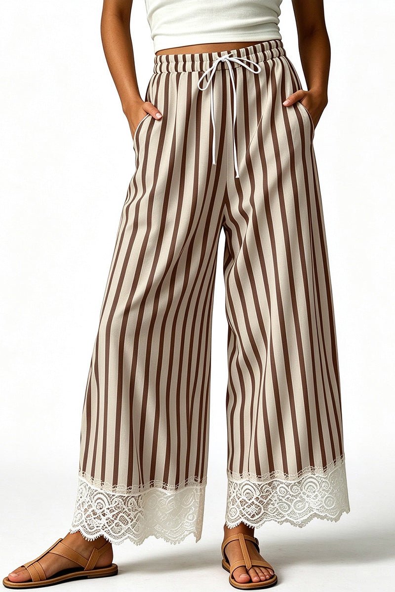 Striped Lace Hem Drawstring Wide Leg Pants