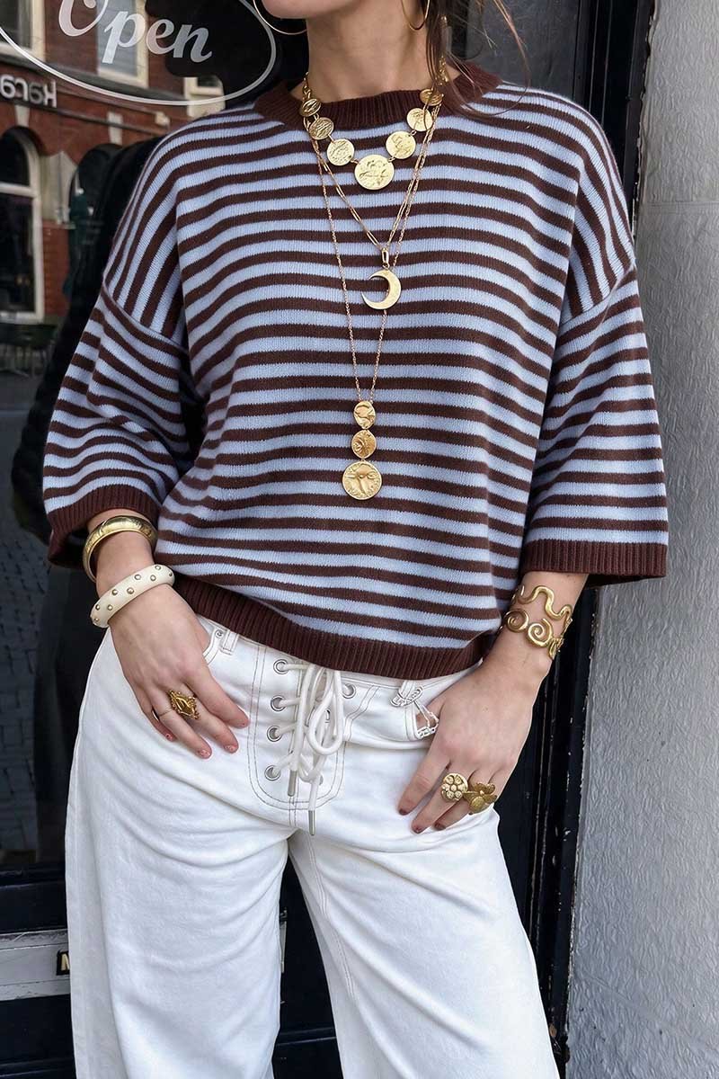 Striped Crew Neck Drop Shoulder Sweater