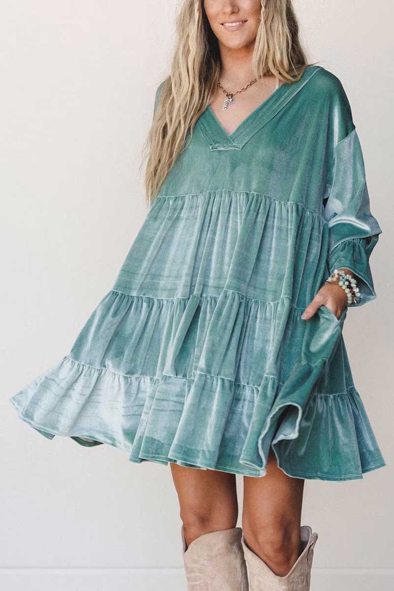 Velvet Tiered Ruffle V-Neck Casual Dress