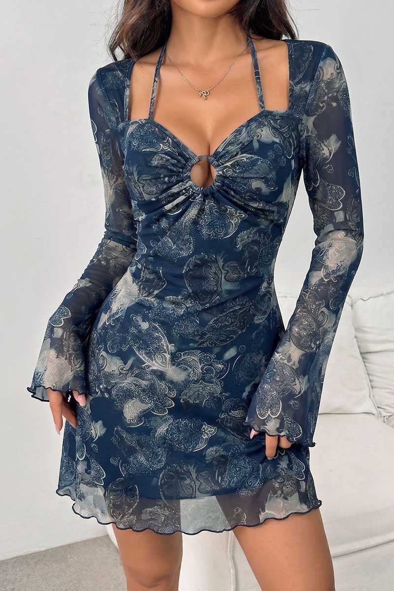 Sheer Bell Sleeve Ruched Cutout Mini Dress