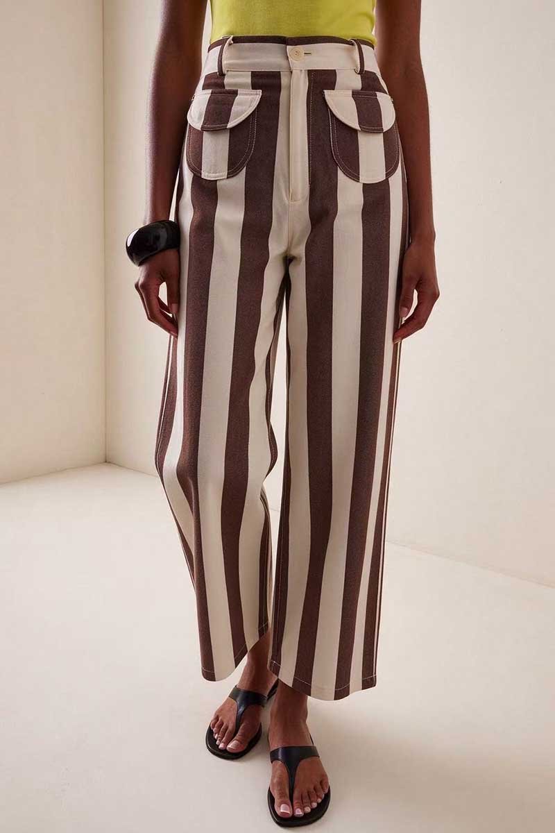 Striped High-Waist Patch Pocket Baggy Jeans