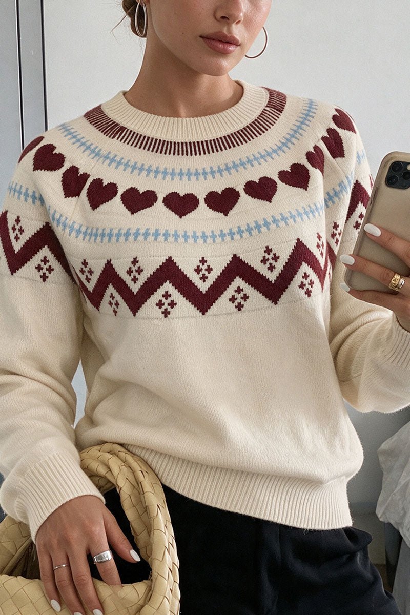 Fair Isle Heart Knit Crew Neck Sweater
